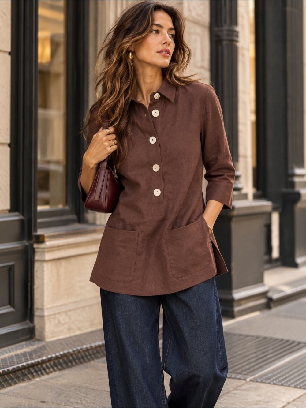 Vintage DKNY 90s Chocolate Brown Linen Utility Tunic Shirt Top Size 2